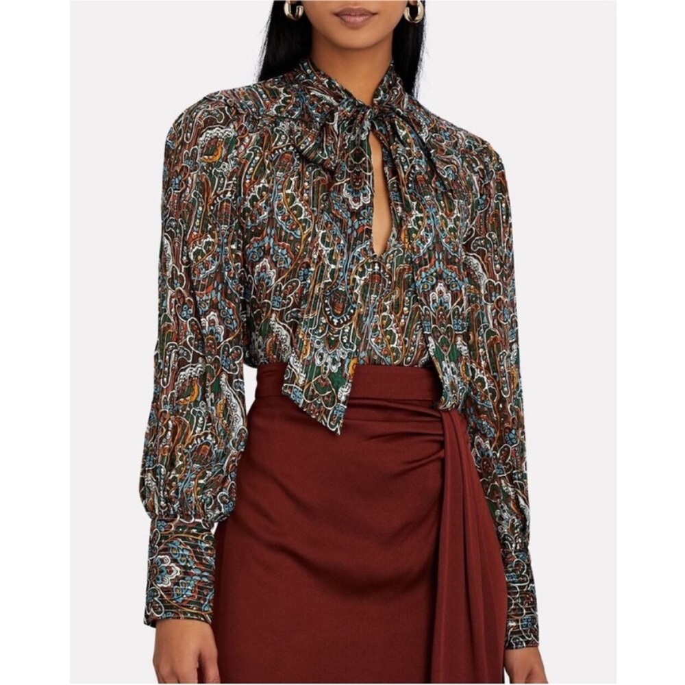 Veronica Beard Zaylee Tie-Bow Metallic Silk
Blouse ~ Paisley Print NWT